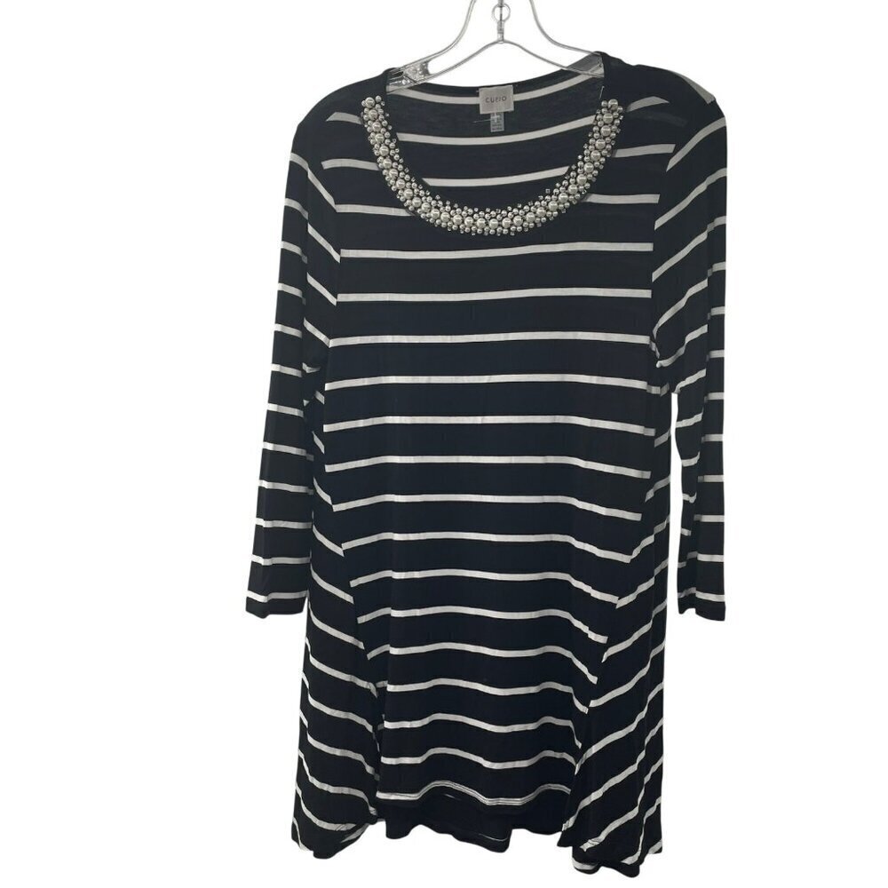 Cupio Women's Striped Lightweight Sweater Pearl Neckline Black/White Medium
